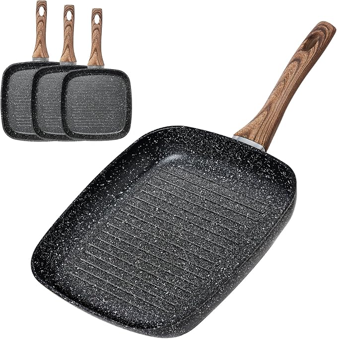 OLIXIS Nonstick Frying Pan Skillet Set, 3 Piece Square Grill Pans for Indoor Outdoor RV Camping Cooking, PFOA Free Skillet Set with Stay Cool Handle, Compatible with All Stovetops (9.5" 10" 11") Black