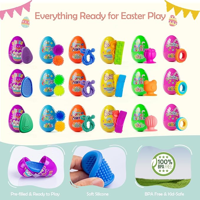Easter Basket Stuffers, Prefilled Easter Eggs with Quiet Sensory Fidgets, Textured Stone & Suction Toys & Spinner Ring for Kids Calming, Autism Anxiety Tools Classroom Prizes (18 PCS)