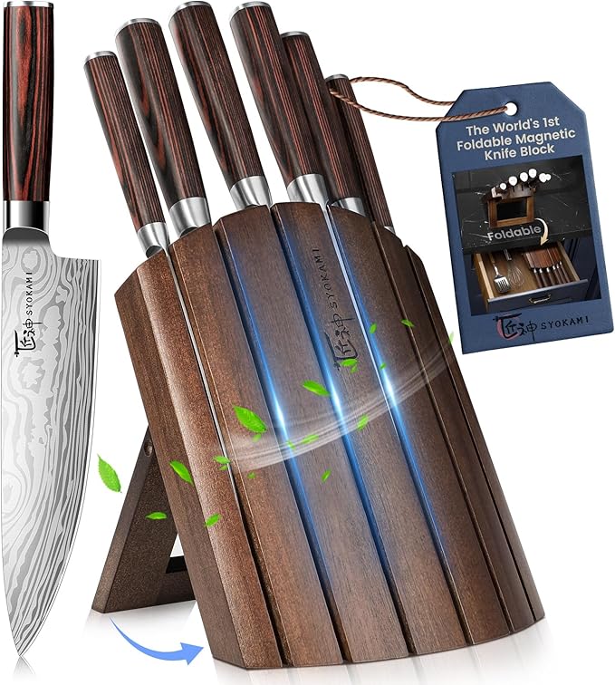 Knife Set 7 Piece Japanese Style Kitchen Knife Set With Foldable Magnetic Acacia Wood Block Sharp High Carbon Stainless Steel Knives Set for Kitchen with Anti-slip Handle, Ideal Gift