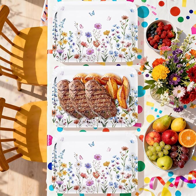 50Pcs Wildflower Serving Tray 10" X 14" Large Spring Floral Paper Platters Disposable Snack Serving Platter Heavy Duty Flower Butterfly Party Trays for Spring Wedding Birthday Party Decorations