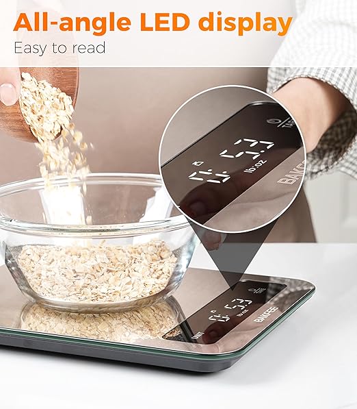 Food Scale, IP67 100% Waterproof Kitchen Scale, Type-C Rechargeable, 0.1oz/1g, 22lb/10kg, Tempered Glass & Stainless Steel Surface, Larger & Full-View Display, with 6 Units, Tare, Black