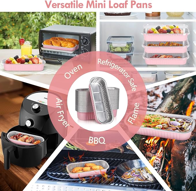 60 Pack Mini Loaf Pans with Lids and Spoons Sealing Sticker, 6.8oz Mini Cake Pans for Baking, Disposable Aluminum Foil Loaf Pans, Pink Loaf Baking Pans, Small Cake Containers With Lids