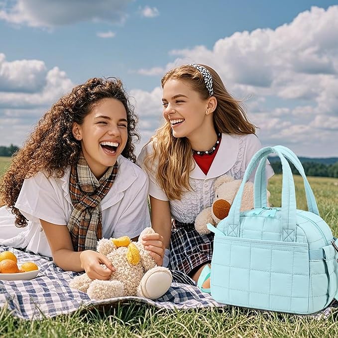 LEDAOU Lunch Box for Women Lunch Bag Quilted Puffer Lunch Box with Adjustable Strap Insulated Reusable LunchBox for Work School Picnic Travel (Sky Blue)