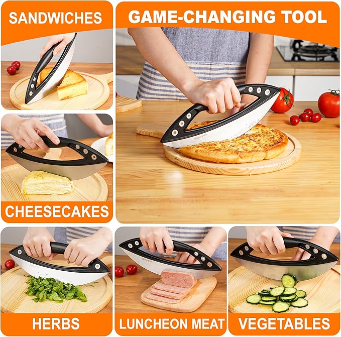 Premium Pizza Cutter Rocker Blade with Cover, 12" Stainless Steel Large Wheel Slicer-Food Vegetable Chopper Kitchen Gadgets, Black