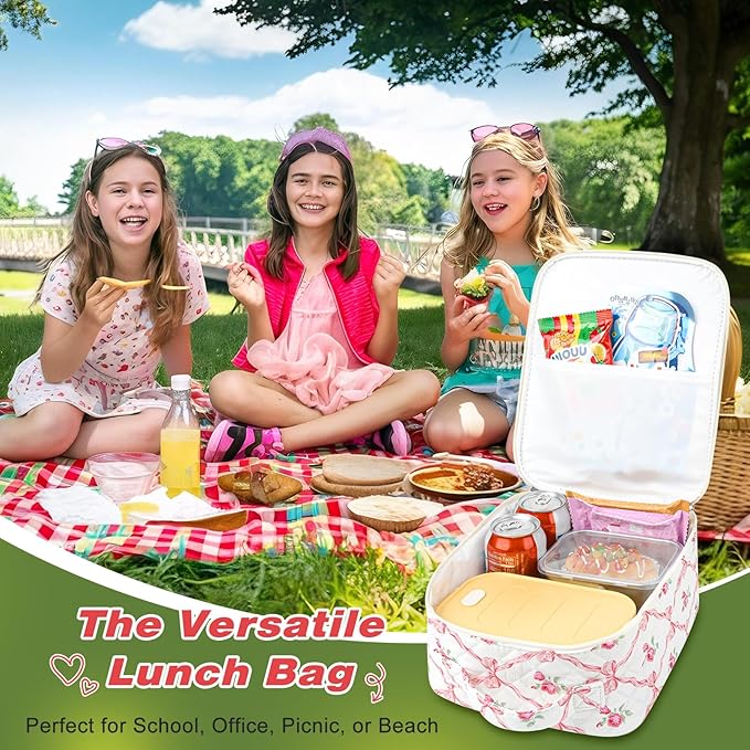 Aileam Lunch Box Lunch Bag for Women Cute Girls Insulated Womens Lunch Bag For Work Quilted Large Capacity Reusable Insulated Cooler for Work School Picnic Travel BOWS & ROSES