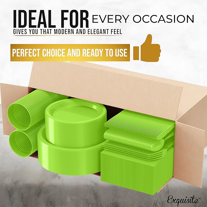 350 Pcs Lime Green Plastic Plates For Party, Lime Green Disposable Plates Set, 50 Of Each 9" Dinner Plate Set, 7" Dessert Plate, Cups, Napkins & Cutlery Plastic Dinnerware Set Exquisite