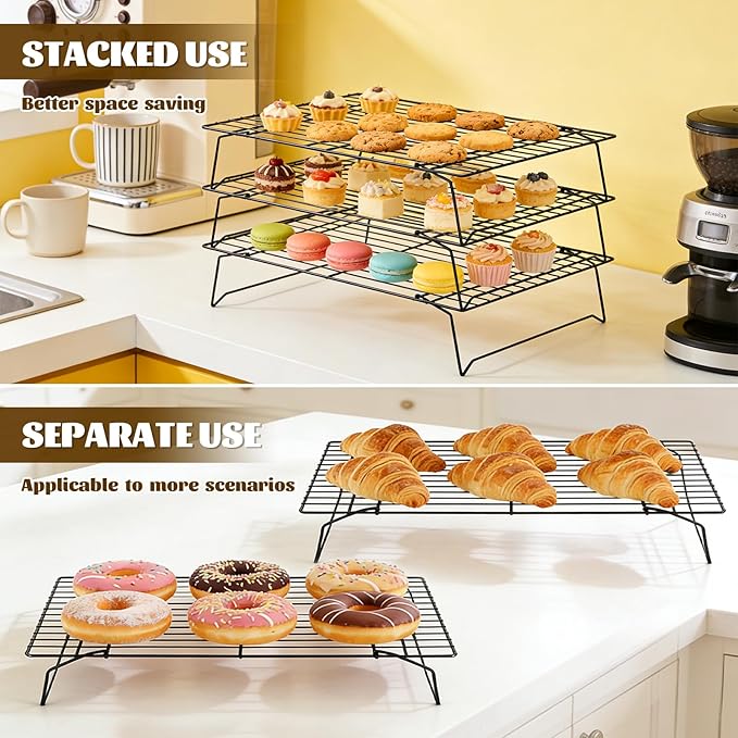 3-Tier Stackable Cooling Rack 13.4x9.4 Collapsible Baking Rack with Non-Stick Coating, Rustproof Heavy Duty Iron Wire Racks for Cooling, Baking, Grilling, Oven & Dishwasher Safe