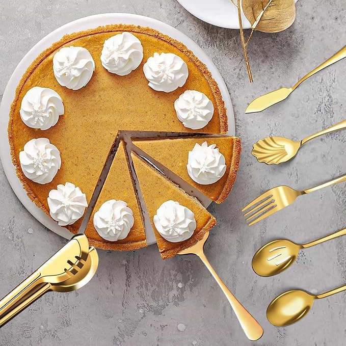 Serving Utensils Set for Buffet, 18 Pack Stainless Steel Serveware, Large Spoons, Slotted Spoon, Forks, Tongs, Butter Knife, Shell Spoons, Soup Ladle, Pie Server, for Party Festival Family, Gold