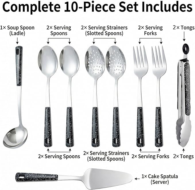 Stainless Steel Metal Serving Utensils - Set of Serving Spoons,Slotted Spoons, and Serving Tongs.serving fork,cake server