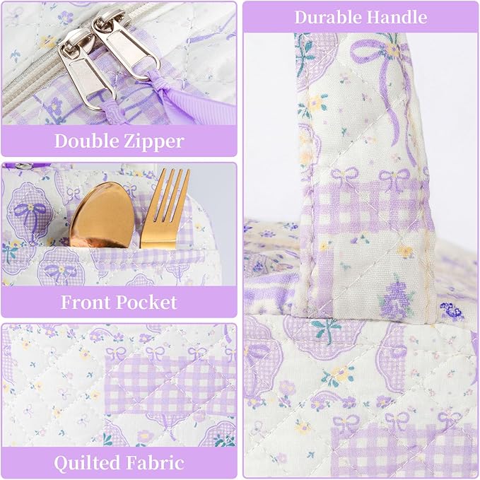 Quilted Lunch Box for Women,Coquette Aesthetic Lunch Box for Teen Girls,Cute Purple Bow Floral Lunch Bags for Work, School,Office,Picnic,Travel (Purple Bow Floral)