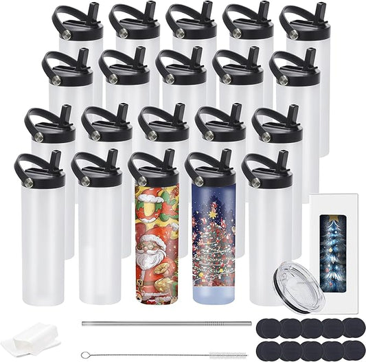 20oz sublimation sport tumblers blanks ，flat edge sublimation tumblers，double wall stainless steel insulted cup，for Heat Transfer, White (20, with flex handle lid)