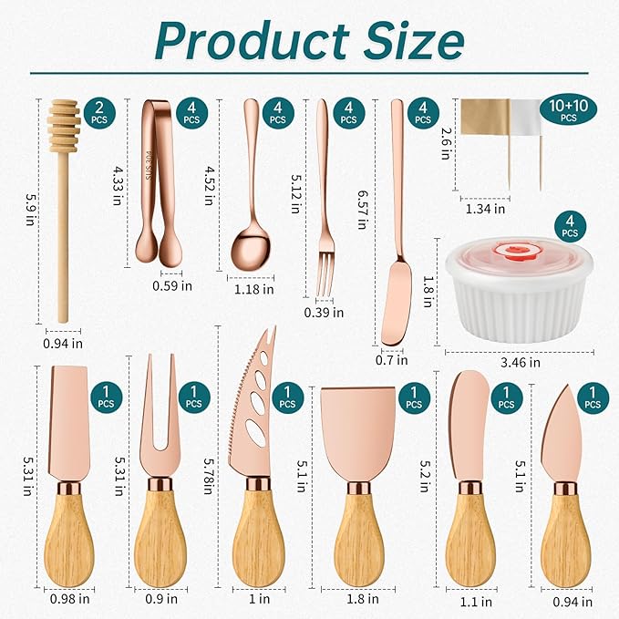 Charcuterie Boards Accessories Bowls, Cheese Knife Set Mini Butter Spreader, Serving Tong, Fork, Spoon, Dipping Bowls with Lids, Toothpick Flags, Honey Dippers For Party Platter Making (RoseGold)