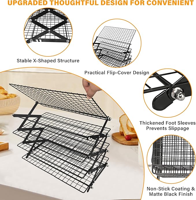 4 Tier Collapsible Cooling Rack, 3 Adjustable Setting Design Wire Baking Rack Stackable Cookies Bread Cooling Racks for Cooking and Baking, Roasting, Drying, Bakers