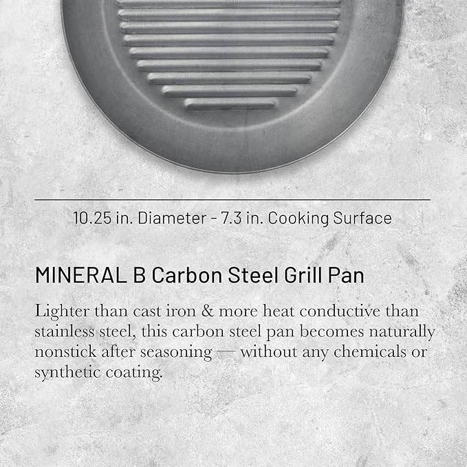 de Buyer MINERAL B Carbon Steel Grill Pan - 10.25” Diameter - Ideal for Grilling & Browning Meat - Naturally Non-Stick Finish - Made in France