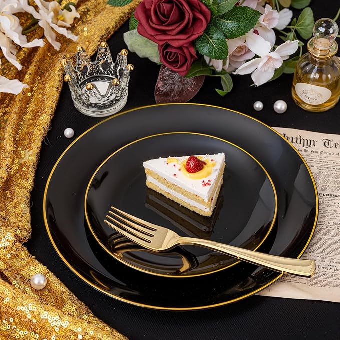 KIRE 200Pcs Black Plastic Plates - Black and Gold Plates Disposable for Party - Include 100 for Dinner and 100 for Dessert for Birthday/Wedding