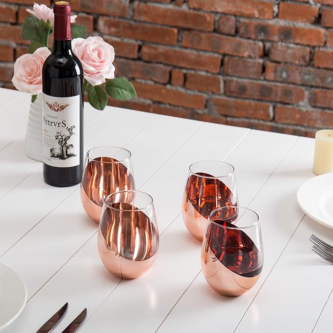 MyGift Stemless Wine Glasses Set of 4 - Copper Accent Modern Barware, Elegant Wedding & Celebration Cups with Luxe Metallic Finish, Dishwasher Safe