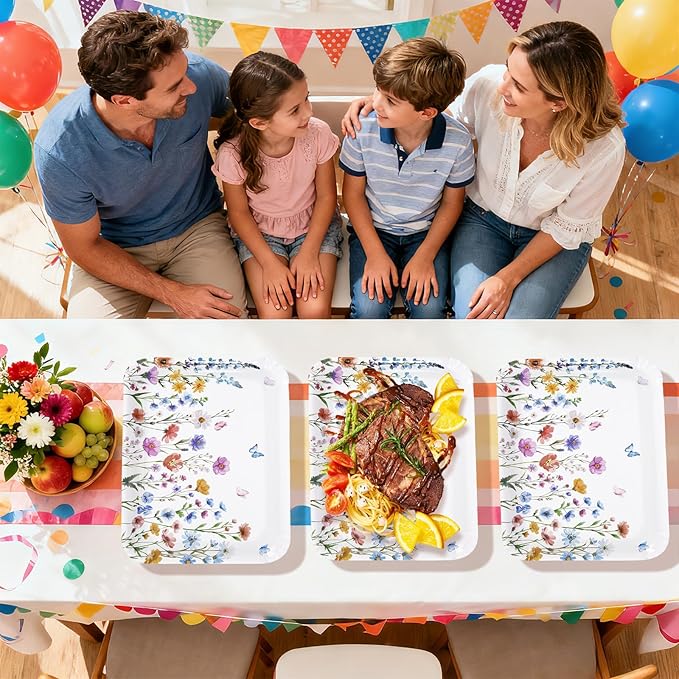 50Pcs Wildflower Serving Tray 10" X 14" Large Spring Floral Paper Platters Disposable Snack Serving Platter Heavy Duty Flower Butterfly Party Trays for Spring Wedding Birthday Party Decorations