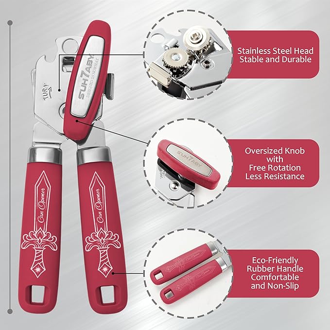Manual Can Opener with Magnet, Heavy Duty Hand Can and Bottle Opener with Stainless Steel Blade and Rubber Grip, Smooth Cutting Hand Can Openers for Senior, Magnetic Lid Remover Kitchen Tool (Red)