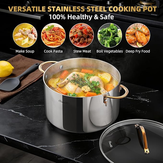 8 Quart Stock Pot with Lid, Upgraded Tri-Ply Stainless Steel Pot, Seamless Soup Pot with Stay-Cool Brass Handle, Healthy Polished Stockpots, Induction Cookware, Oven and Dishwasher Safe