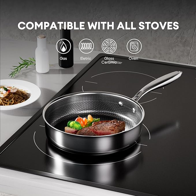COOKER KING 3.6-Quart Hybrid Stainless Steel Sauté Pan with Lid, 11" Tri-Ply Clad Deep Frying Pan, Nonstick & Non-Toxic Skillet, All Stovetop & Induction Compatible, Oven & Dishwasher Safe