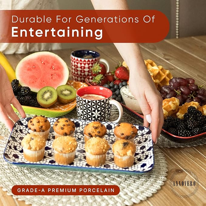 Annovero Serving Platter - Large Porcelain Food Tray - for Fruit, Cheese, Dessert, Cookie, Meat, Appetizer - Colorful Decorative Serveware for Party & Entertaining - 15.4/13.8/11.8 Inch - Set of 3