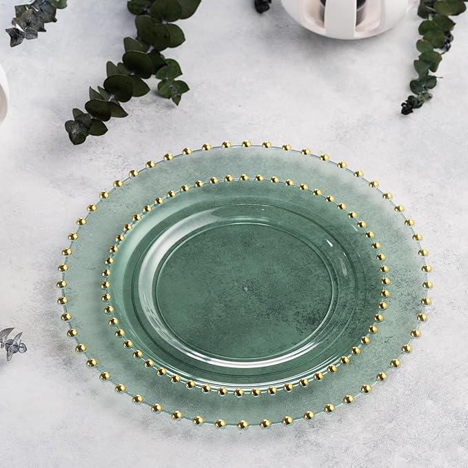 PLASTICPRO 32 Piece Combo Plastic Dinner Plates Disposable Plastic Fancy Heavy Duty Party Dishes 7 inch and 10 inch, Translucent Green and Gold Beaded