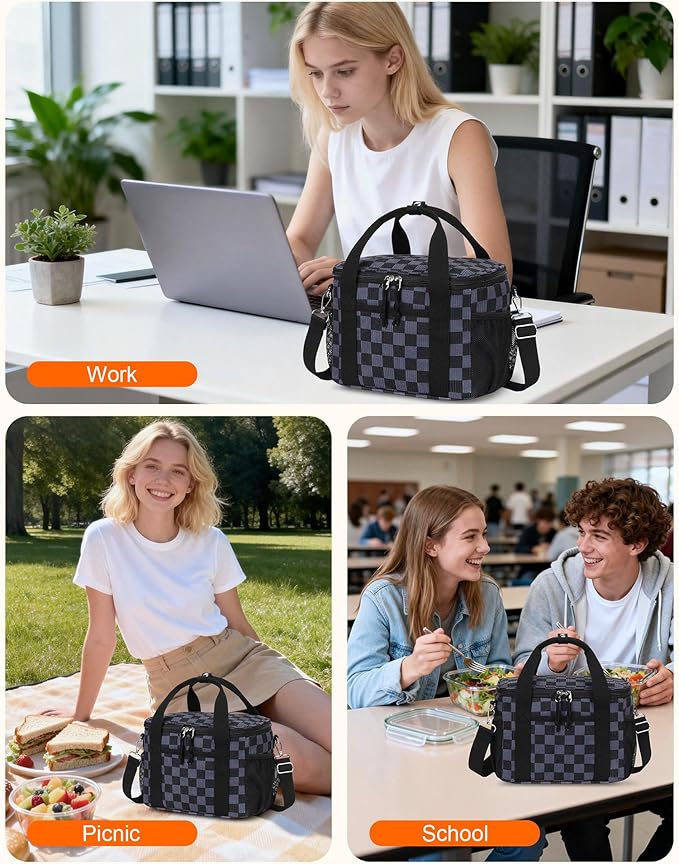 LOIDOU Lunch Box for Women Men Insulated Corduroy Lunch Bag Cooler Leakproof Reusable Adult Lunchbox Adjustable Strap lunch tote for Work Office Picnic, Gray-Black Grid