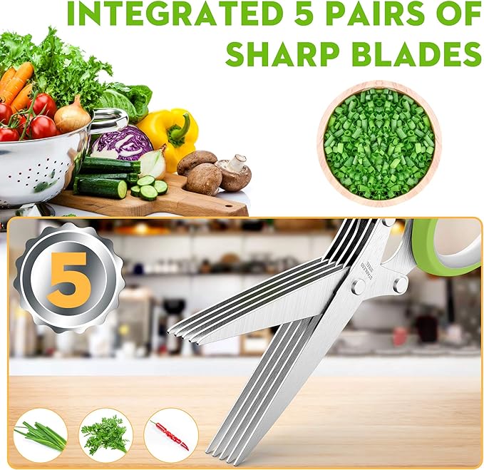 Fun Unique Kitchen Gadgets: Herb Scissors Set - Updated 2026 Cool Kitchen Tools for Cutting Fresh Garden Herbs - Sharp 5-Blade Shears with Cover, Anti-Rust Stainless Steel, Dishwasher Safe (Green)