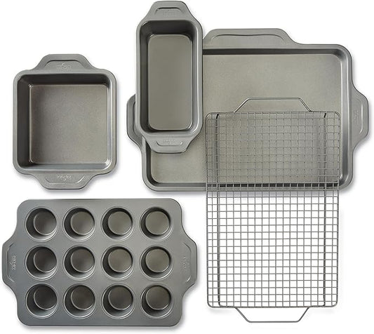 All-Clad Pro-Release Nonstick Bakeware Set 5 Piece Oven Safe 450F Half Sheet, Cookie Sheet, Muffin Pan, Cooling & Baking Rack, Round Cake Pan, Loaf Pan, Baking Pan Grey