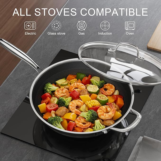 Hybrid Nonstick Wok, 12.5-Inch Stainless Steel Wok with Lid, Laser-Textured Wok Pan, PFOA-Free Woks & Stir-Fry Pans, Oven & Dishwasher safe, Induction Ready, Compatible for Gas Electric Glass Cooktops