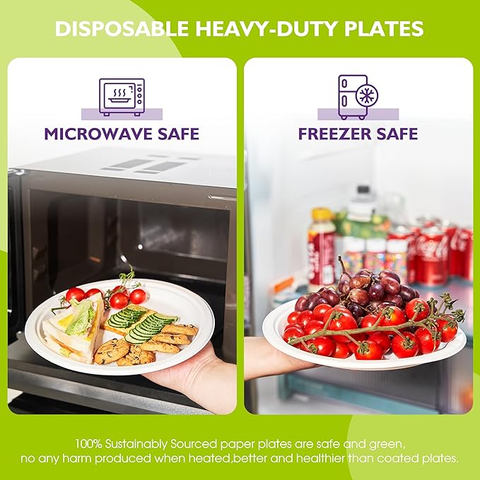 Compostable Paper Plates 10 Inch 150 Pack, Biodegradable Disposable Plates Heavy Duty White Plates, Made of Natural Sugarcane Bagasse, Unbleached Round Dinner Plates