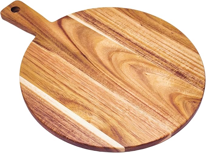 Large Acacia Wood Cutting Board with Handle 17''X13'', Charcuterie Board, Serving Board, Chopping Board for Meat, Cheese, Bread, Vegetables & Fruits (Round)