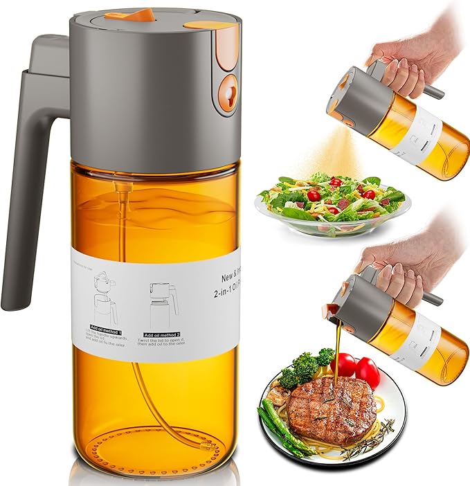 Upgrade 2 in 1 Oil Sprayer for Cooking, 17oz Light-Blocking Glass Olive Oil Dispenser Bottle for Kitchen,Food-Grade Oil Mister with 8 Stickers for Salad, Frying (Grey)