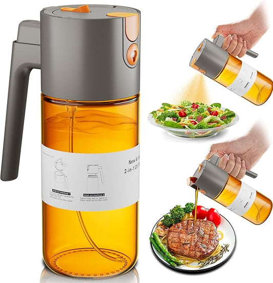 Upgrade 2 in 1 Oil Sprayer for Cooking, 17oz Light-Blocking Glass Olive Oil Dispenser Bottle for Kitchen,Food-Grade Oil Mister with 8 Stickers for Salad, Frying (Grey)