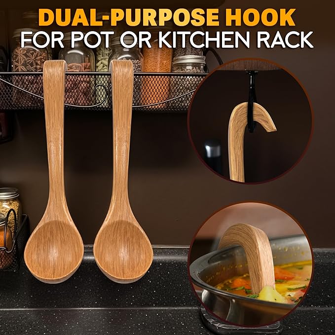 2 Pcs Wooden Ladle for Soup – 10.8×2.8" Bamboo Soup Ladle for Stews and Sauces with Deep 2.7 fl oz Capacity & Lacquer-Coated Finish – Wooden Cooking Spoons with Hook Handles for Kitchen & Catering