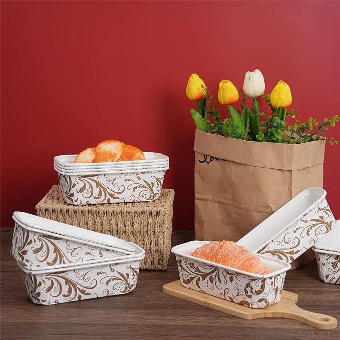50 PCS Paper Loaf Pans for Baking, 6.3 x 2.2 x 2.2 Inch Small Disposable Baking Pans with Clear Plastic Bags and Ties, Rectangle Paper Bread Pans for Cake Bread Oven Loaf Bakery, White
