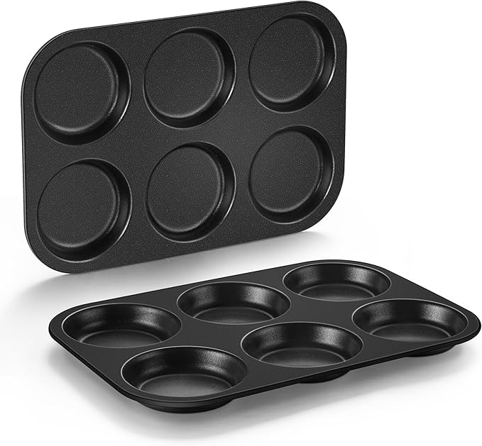 P&P CHEF Muffin Top Pan Set of 1, Stainless Steel 6-Cavity Shallow Cupcake Pans, Standard Bakeware for Eggs, Whoopie Pies, Cornbread, Cookies, Yorkshire Pudding, Easy Clean & Oven Safe, Black