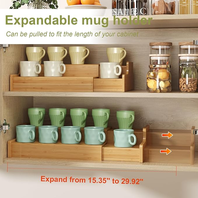2-Tier Expandable Bamboo Mug Holder Coffee Mug Rack Organizer for Countertop, Multi-Functional Mug Display Shelf for Coffee Bar, Kitchen, and Home (15.35"~29.92")