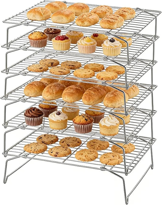 Herogo 15" x 10" Cooling Rack, 6-Tier Stainless Steel Baking Rack for Cookies, Cupcakes, and Pastries, Collapsible Space-Saving Design, Dishwasher Safe, Ideal for Baking, Roasting, and Drying