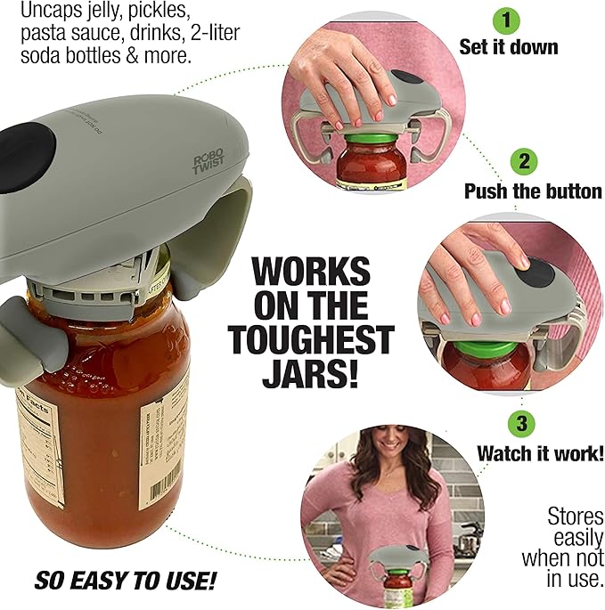 Robotwist Higher Torque Electric Jar Opener for Weak Hands, Automatic Lid Opener for Seniors with Arthritis, One Touch Battery Operated, Hands-Free, Fits 1.2-3.5" Jars, Deluxe Model, Sage Green