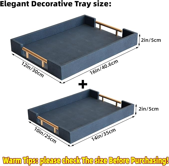 Modern Decorative Tray Set of 2, Blue Shagreen Leather Tray, Rectangle Serving Trays with Gold Polished Metal Handles, Ottoman Trays Coffee Table Perfume Kitchen Home Decor