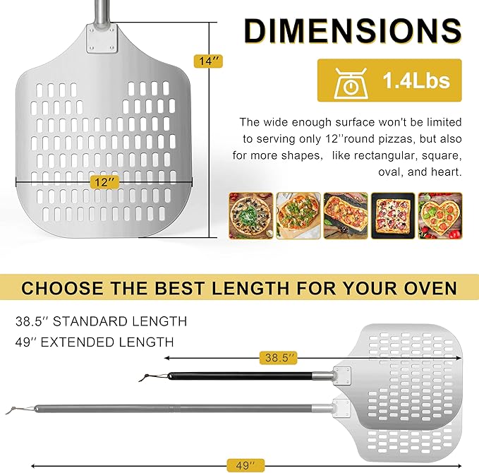 12 Inch Perforated Pizza Peel Aluminum Pizzas Spatula, Joyfair Metal Pizza Paddle with Rocker Cutter Pizza Oven Accessories Turning Tool Set, 38.5”- 49” Long Detachable Handles (Painted Handle)