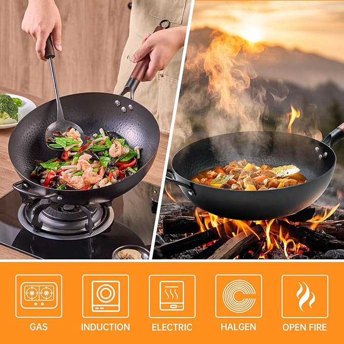 WANGYUANJI 13.4"Carbon Steel Wok Pan with Lid (34cm),Large Flat Bottom Stir Fry Pan for Electric,Induction & Glass Top Stoves, High Stability No-Wobble Design, Lightweight Chinese Cookware, 4-6 People