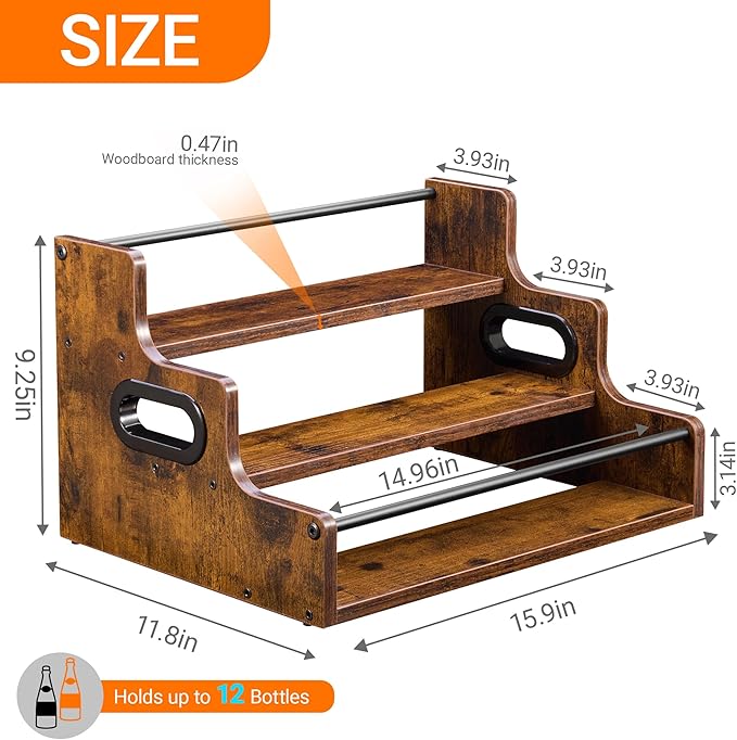 [Upgraded] Rustic Wood Liquor Bottle Display Shelf, 3-Tier Liquor Shelf for Bar Counter, Coffee Syrup Rack Organizer with Handles & Metal Guardrail, Bar Bottle Stand for Home, Kitchen, Cafe