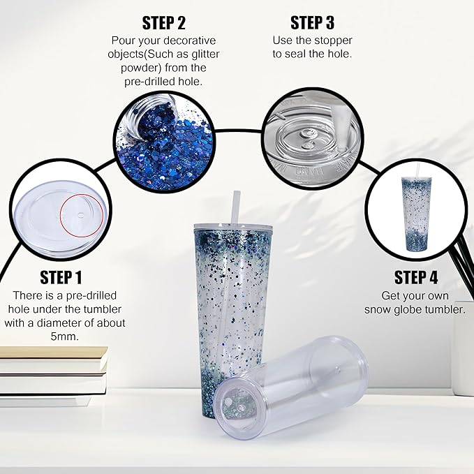 AGH 24Oz Snow Globe Tumbler(4 Pack) - Double Wall Acrylic Cups with Lids and Straws, Plastic Snow Globe Cups Pre Drilled with Hole Plug for Snowglobe DIY