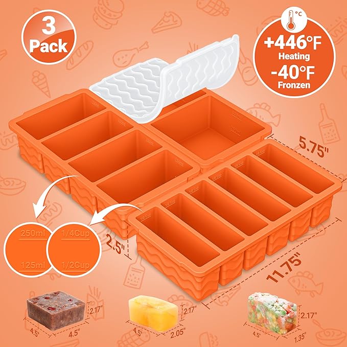 Doasuwish 3-Pack Silicone Freezer Trays with Lid,2 Large 2-Cup(500ml)&4 Medium 1-Cup(125ml)&6 Small 1/2-Cup(75ml) Soup Freezer Container Molds,Ice Cube Tray For Meal Prep&Freezing Soup,Stews,Sauces