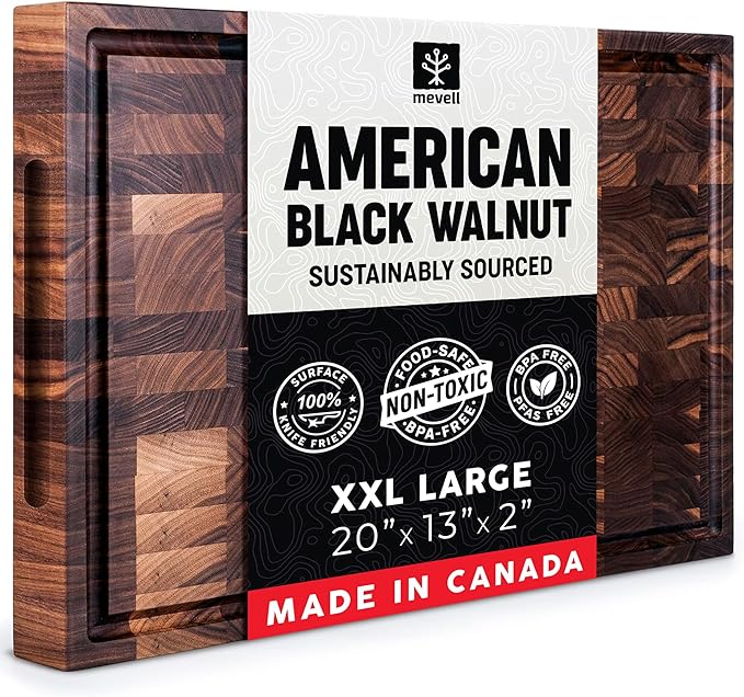 Walnut End Grain Cutting Board for Kitchen, Reversible Extra Large Wooden Butcher Block With Juice Grooves, Made in Canada (Walnut, 20x13x2)