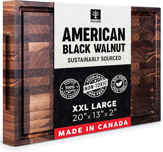 Walnut End Grain Cutting Board for Kitchen, Reversible Extra Large Wooden Butcher Block With Juice Grooves, Made in Canada (Walnut, 20x13x2)