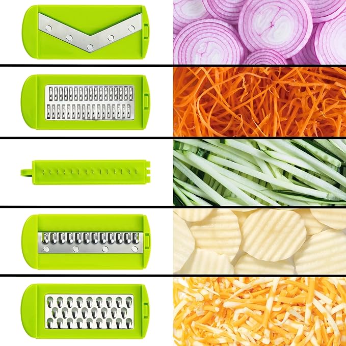 Starfrit Easy Mandoline Slicer, Dicer - 5-Blades and Graters - Straight & Crinkle Blades, Julienne, Grater & Shredder - Self-Feeding Pusher - Catch Base for Storage and Food Container