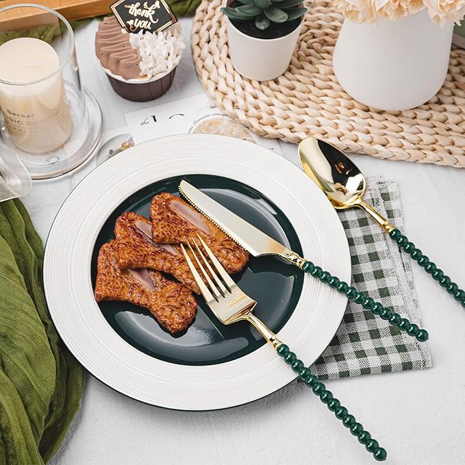 150 Pcs Gold Plastic Silverware,Gold Plastic Utensils with Green Beads Handle,Fancy Disposable Cutlery Set Include 50 Forks 50 Knives 50 Spoons for Party & Christmas